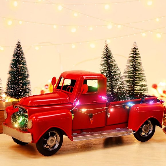 Red LED String Lights Vintage Metal Truck with Mini Christmas Trees Decorations - Picture 1 of 6